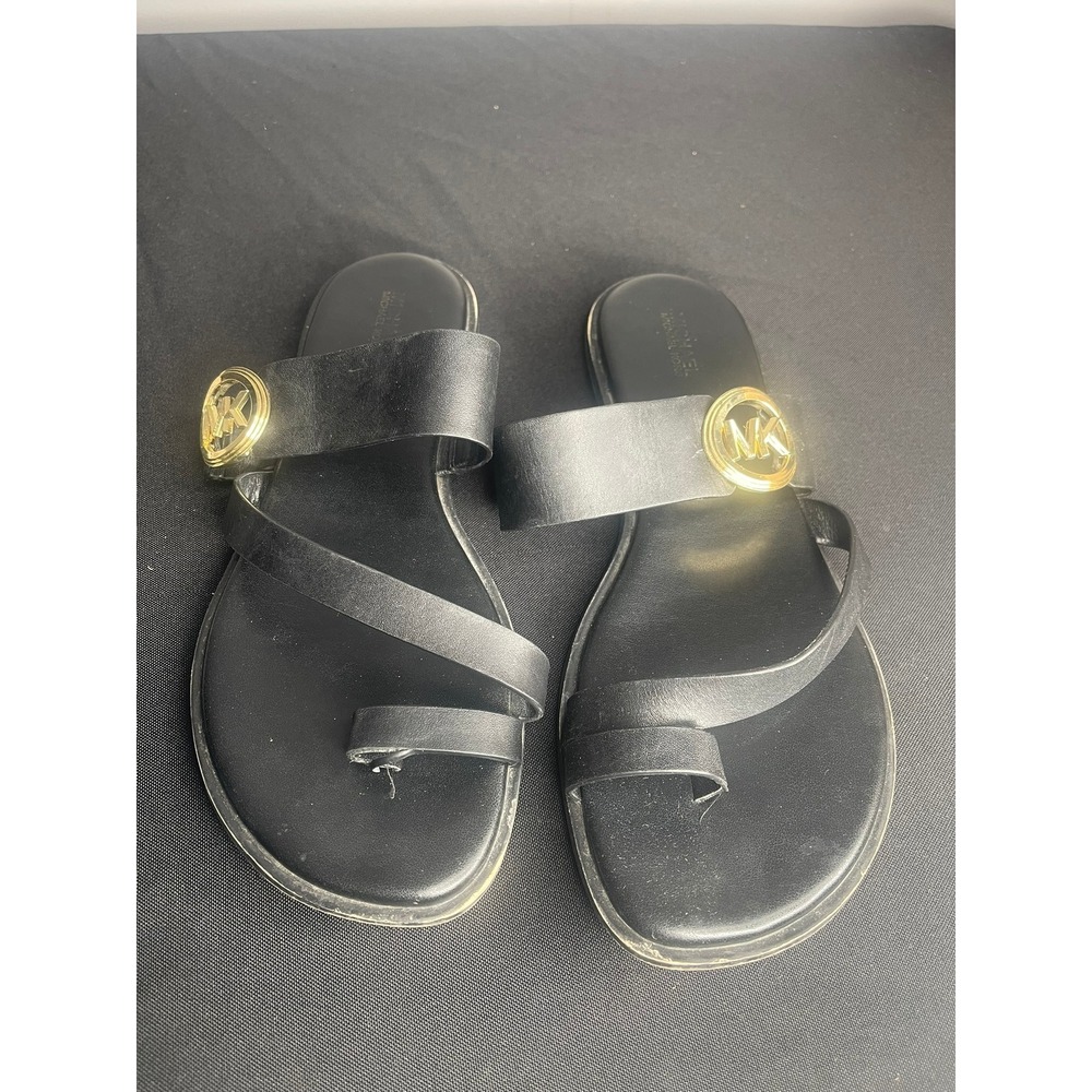 Michael Kors Womens Black Leather Toe Loop Flat Slide Sandals Gold Logo Size 9M